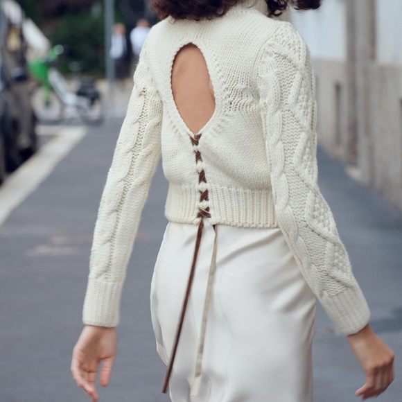 NWT ZARA OPEN BACK CABLE KNIT SWEATER SIZE L - Picture 2 of 8